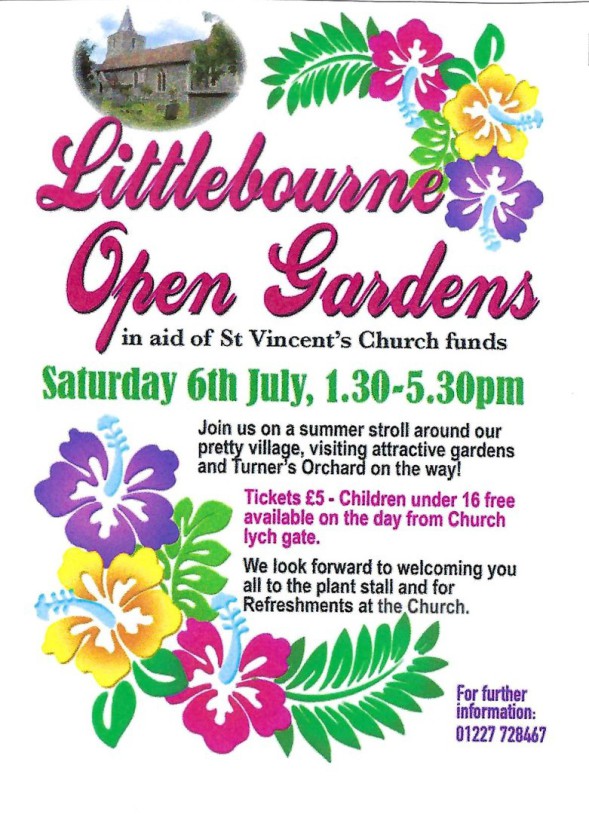 A poster to advertise Littlebourne open Gardens on 6th July